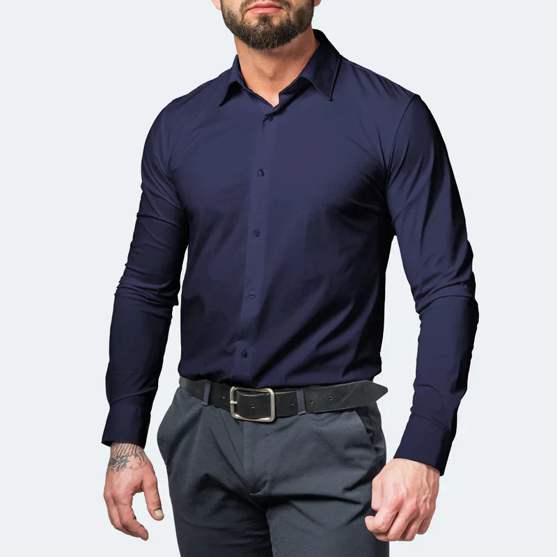 Chemise Infroissable à Coupe Ajustée Bleue Marine - Mentigio